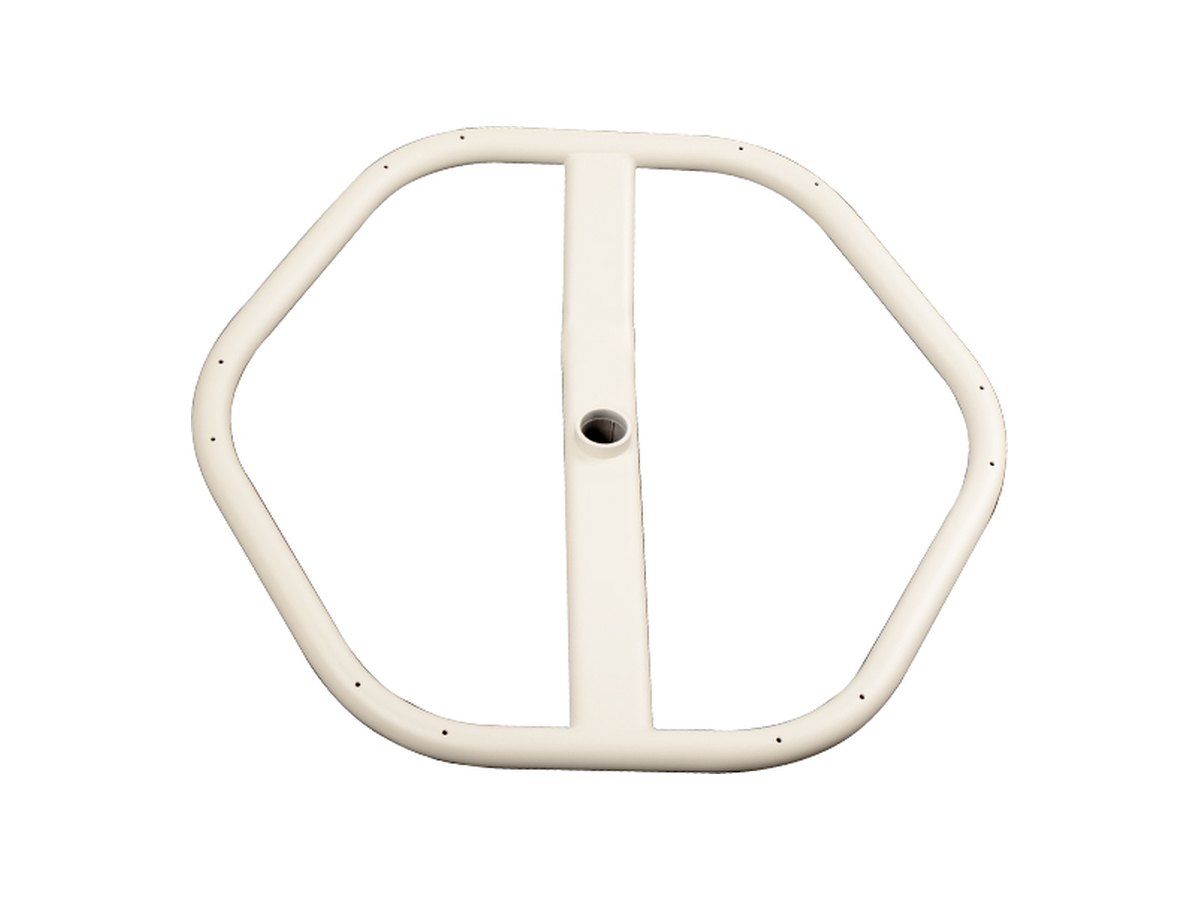 Closed-loop bent tube seat frame with flattened centre beam, pierced rim holes and welded joints, powder coated