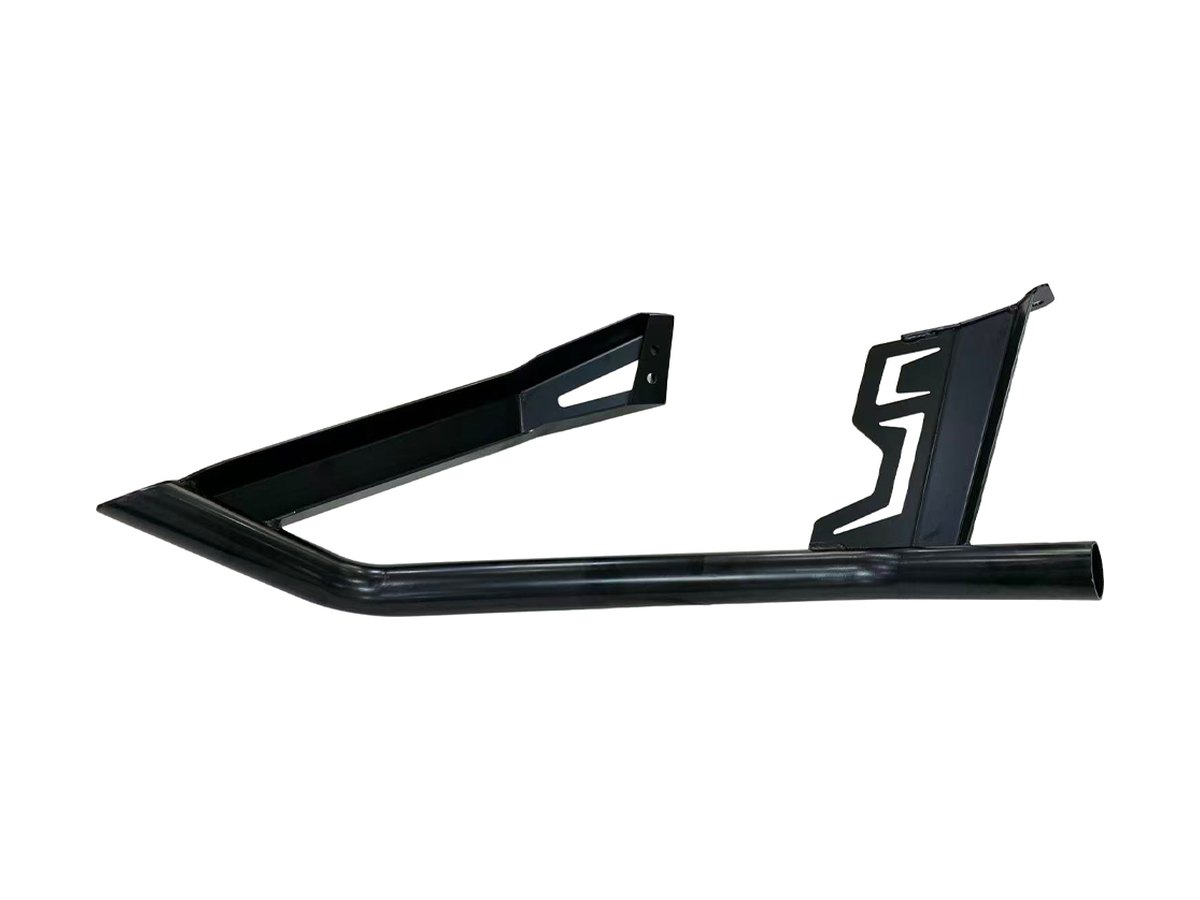V-shaped tubular car bull bar with laser cut side plates, gloss black