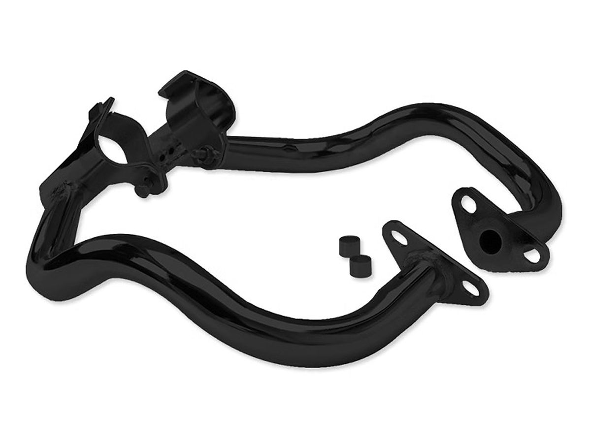Black tubular engine guard with welded mounting plates and spacer sleeves