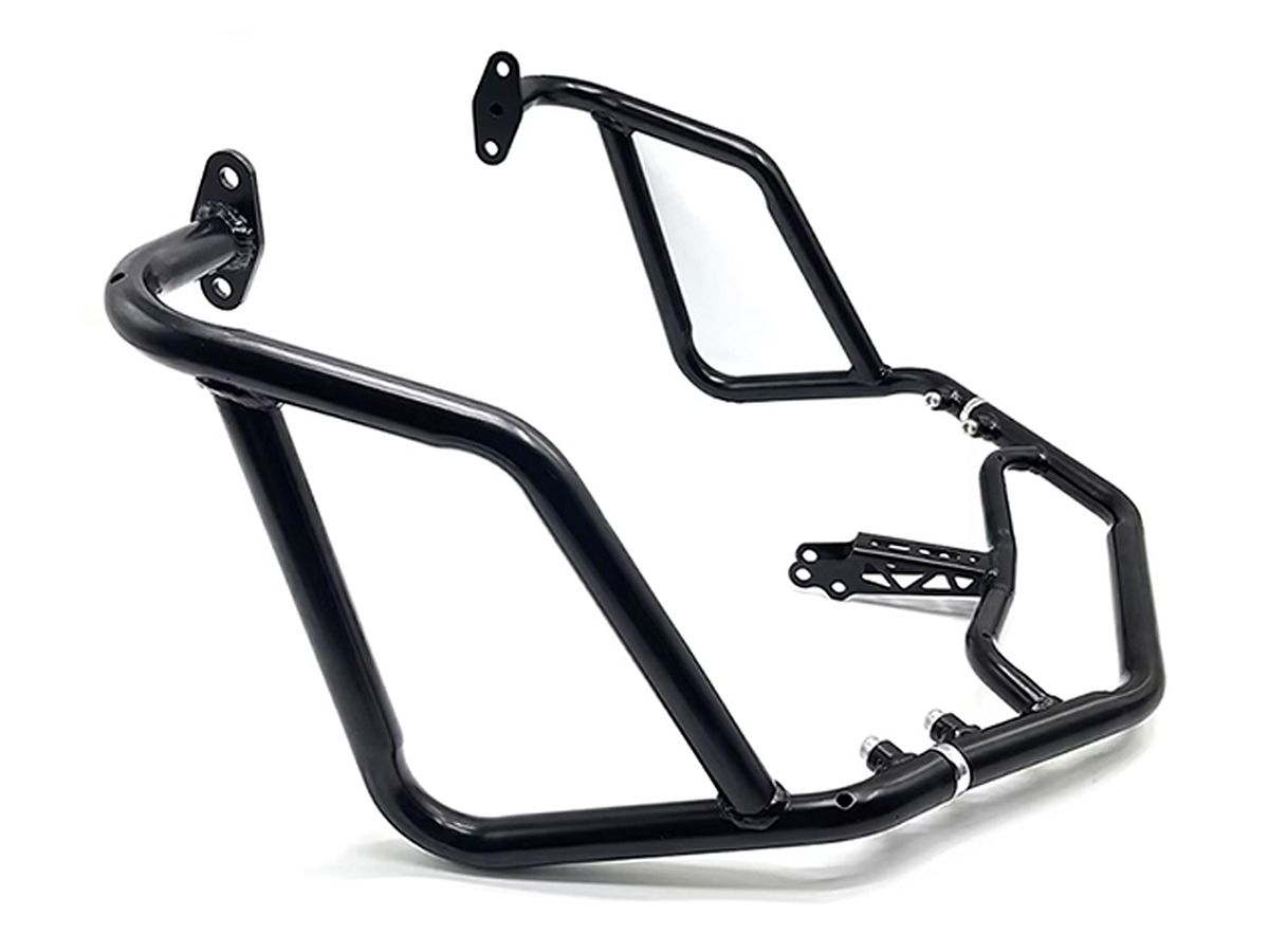 Pair of black tubular crash bars with welded mounting bosses, three-quarter view