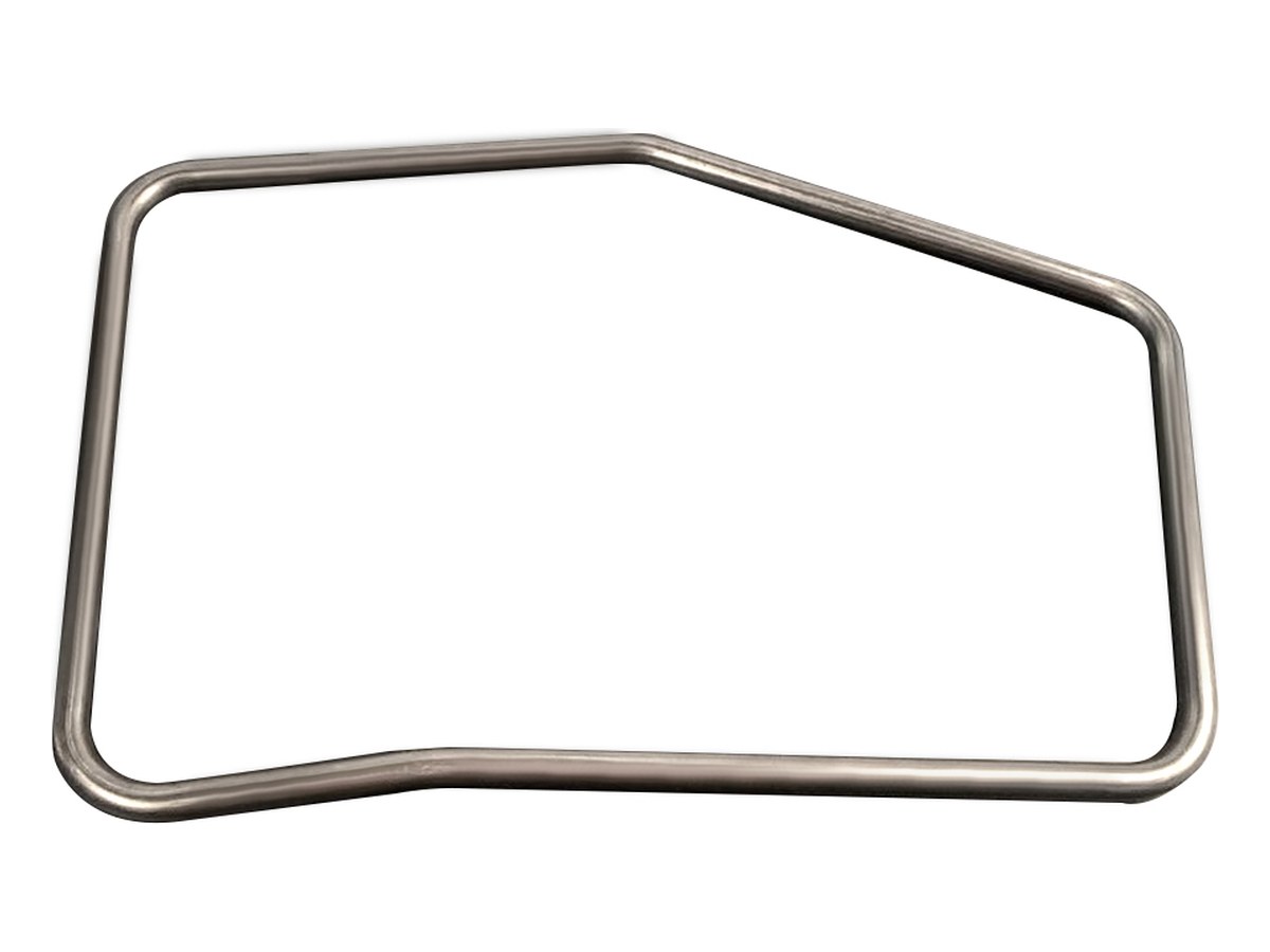 Large stainless steel tube bent into a closed trapezoid frame with rounded corners and two shallow bends, ends joined