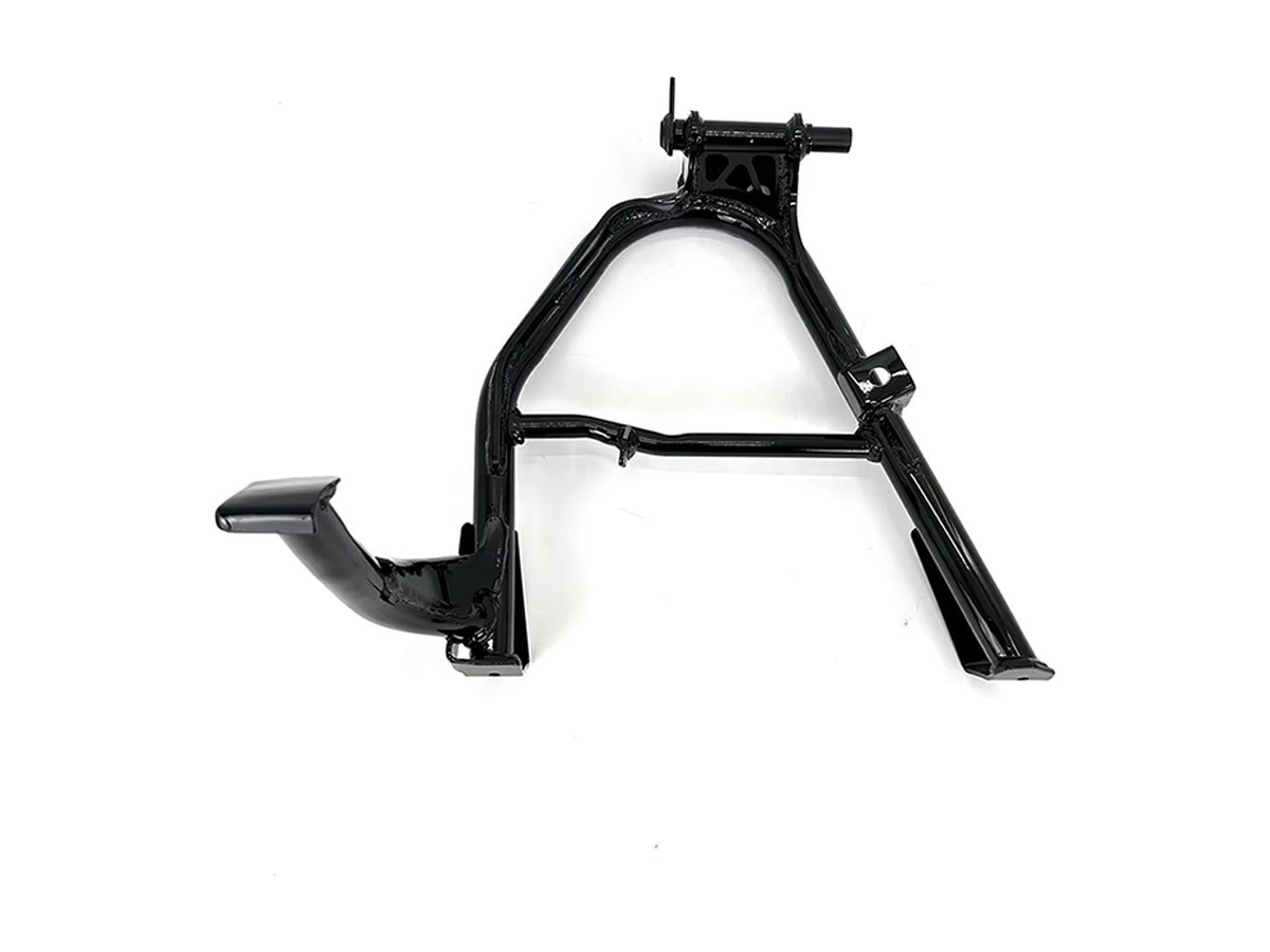 Motorcycle center stand bent from round tube with flattened foot plates and a welded spring pin