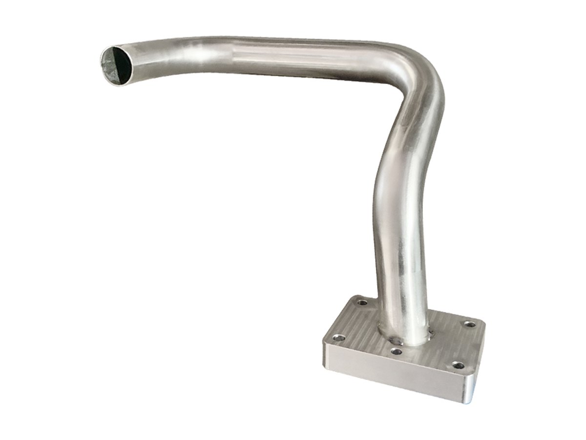 Bent stainless steel handrail post with welded base plate