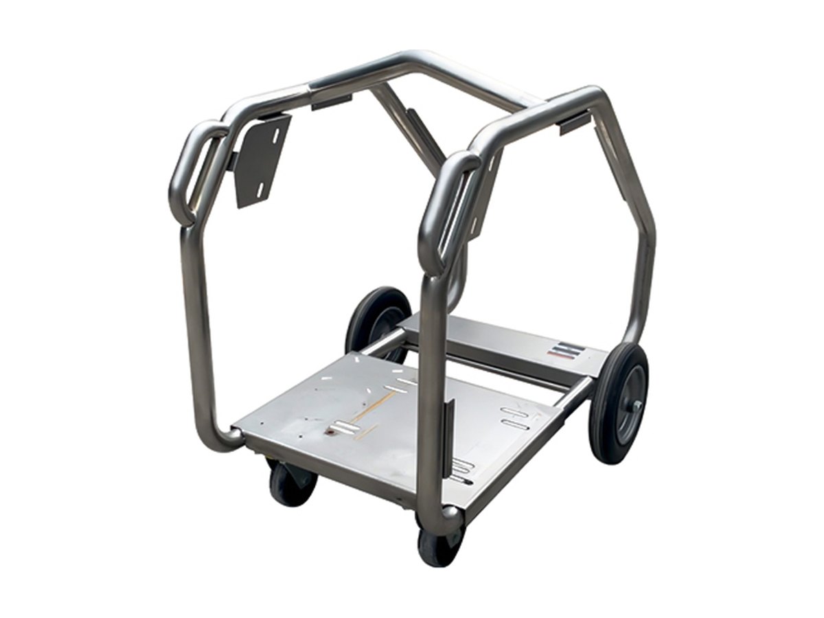 Welded stainless steel machine frame built from bent tube, sheet base plate and castors