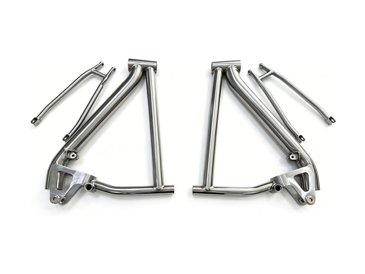 Pair of stainless steel motorcycle subframes with machined mounting blocks