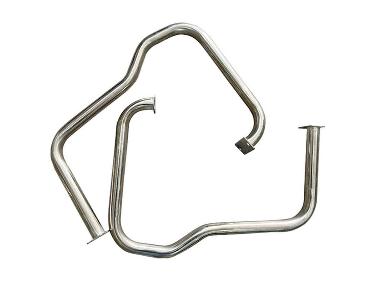 Mirror-image pair of stainless steel tubes with multiple short-pitch bends and welded end caps, unpainted