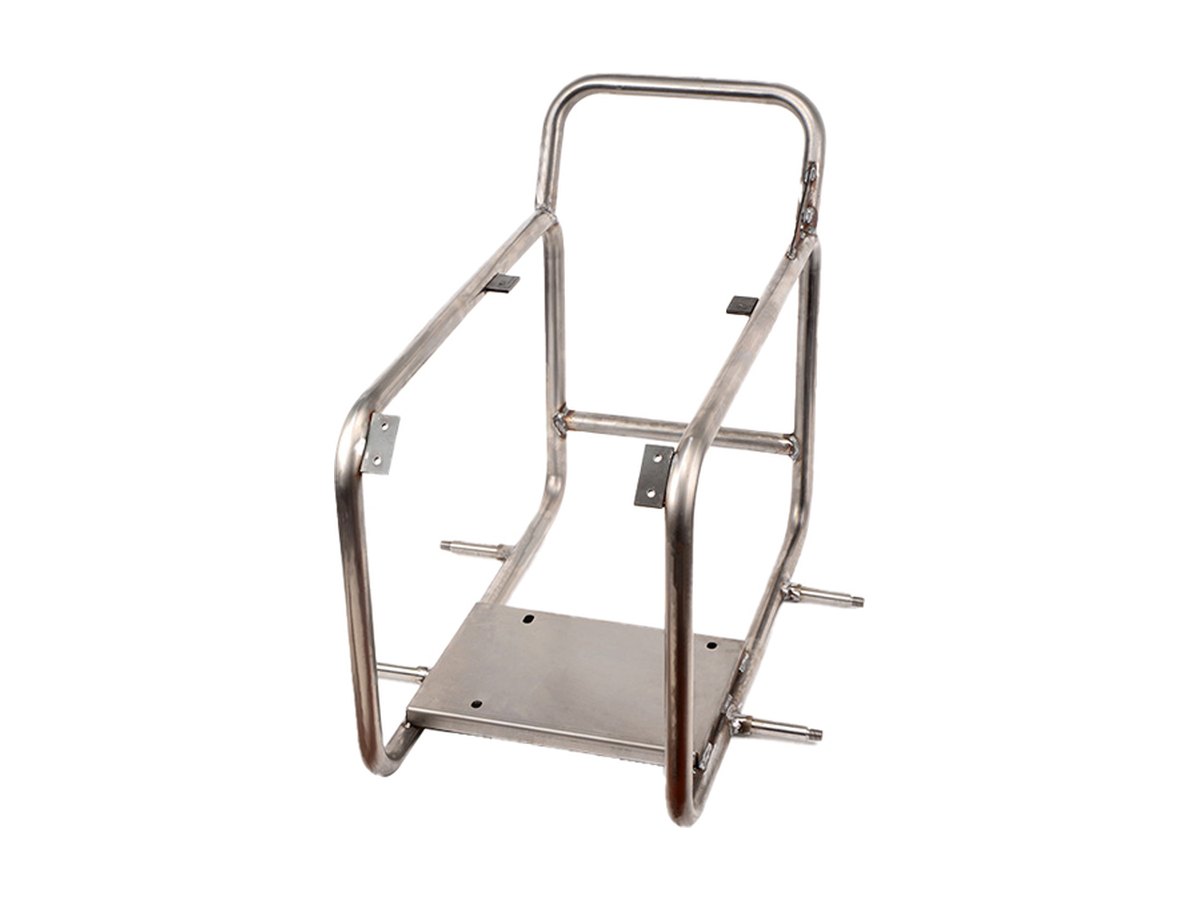 Stainless steel pump frame bent from round tube into a closed rectangular loop, with welded mounting plates, cross brace, sheet base plate and four cross legs