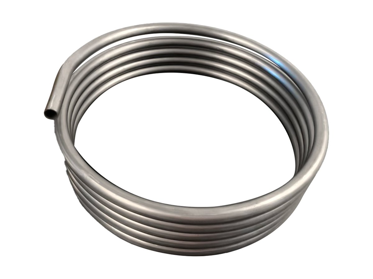 Stainless steel tube bent into a multi-turn coil with a consistent ring diameter