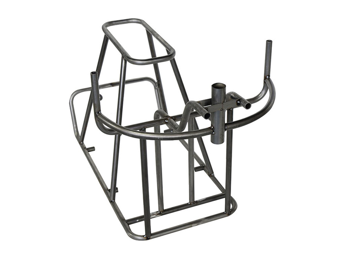 Welded tubular frame assembly before painting, with bent top and base loops