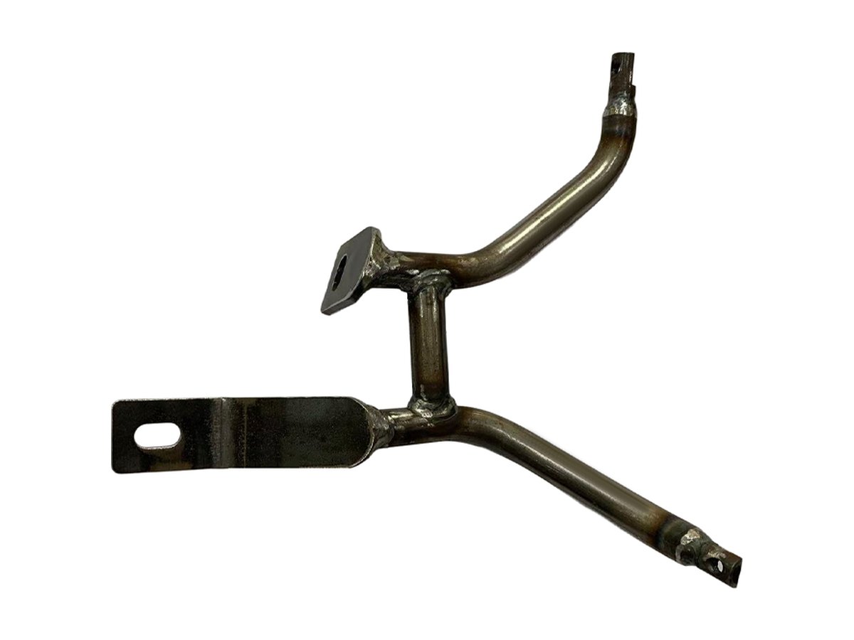 Y-shaped welded tube bracket before painting, tube to plate welds visible